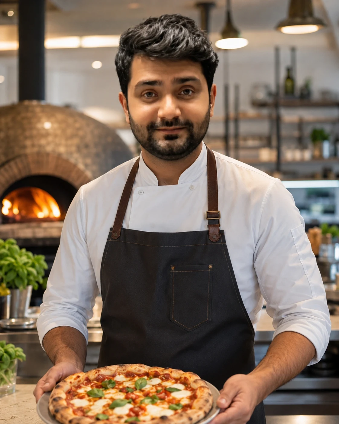 Muhammad Imtiaz, Inhaber von Schlemmer Pizza, hält eine fertig gebackene Pizza